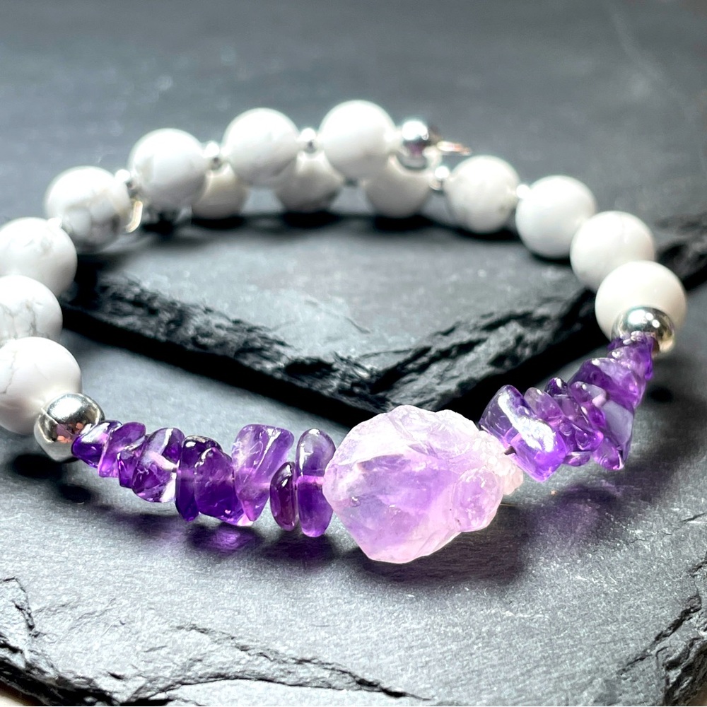 Natural Amethyst Crystal And Howlite Gemstone Bangle Bracelet